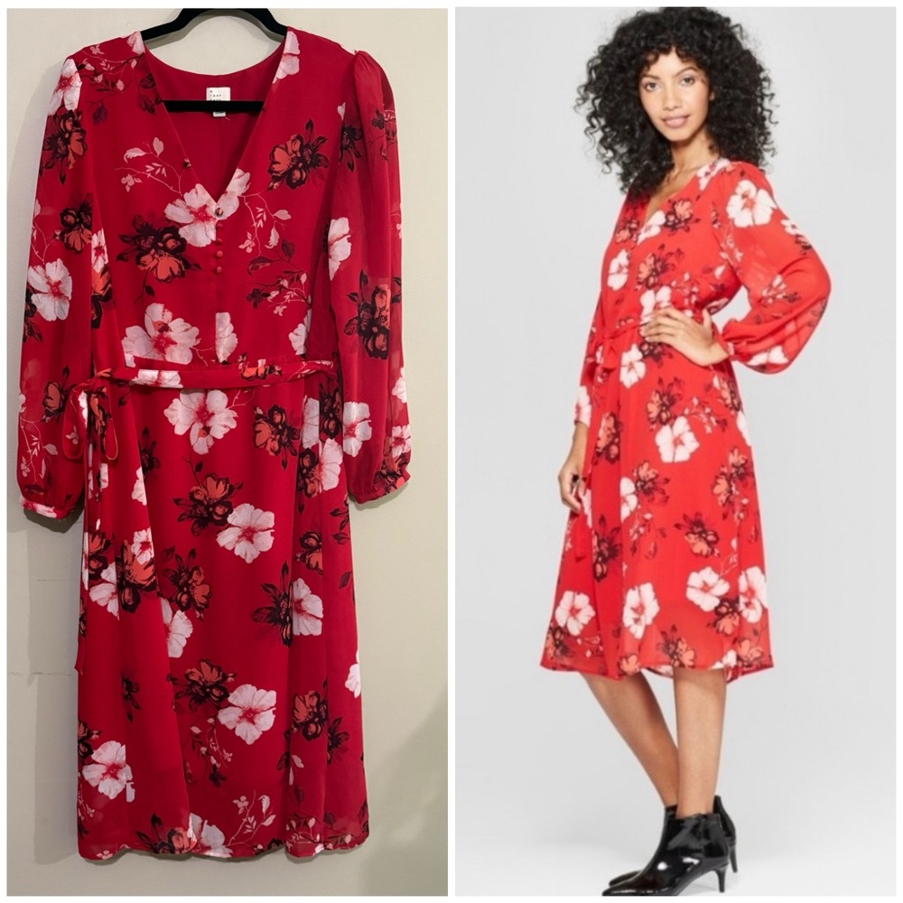 A New Day Red Floral Long Sleeve Dress Women's Size Medium Cottagecore